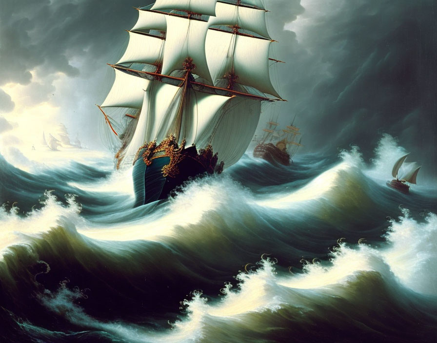 Sailing ship in stormy seas with billowing sails and choppy waters