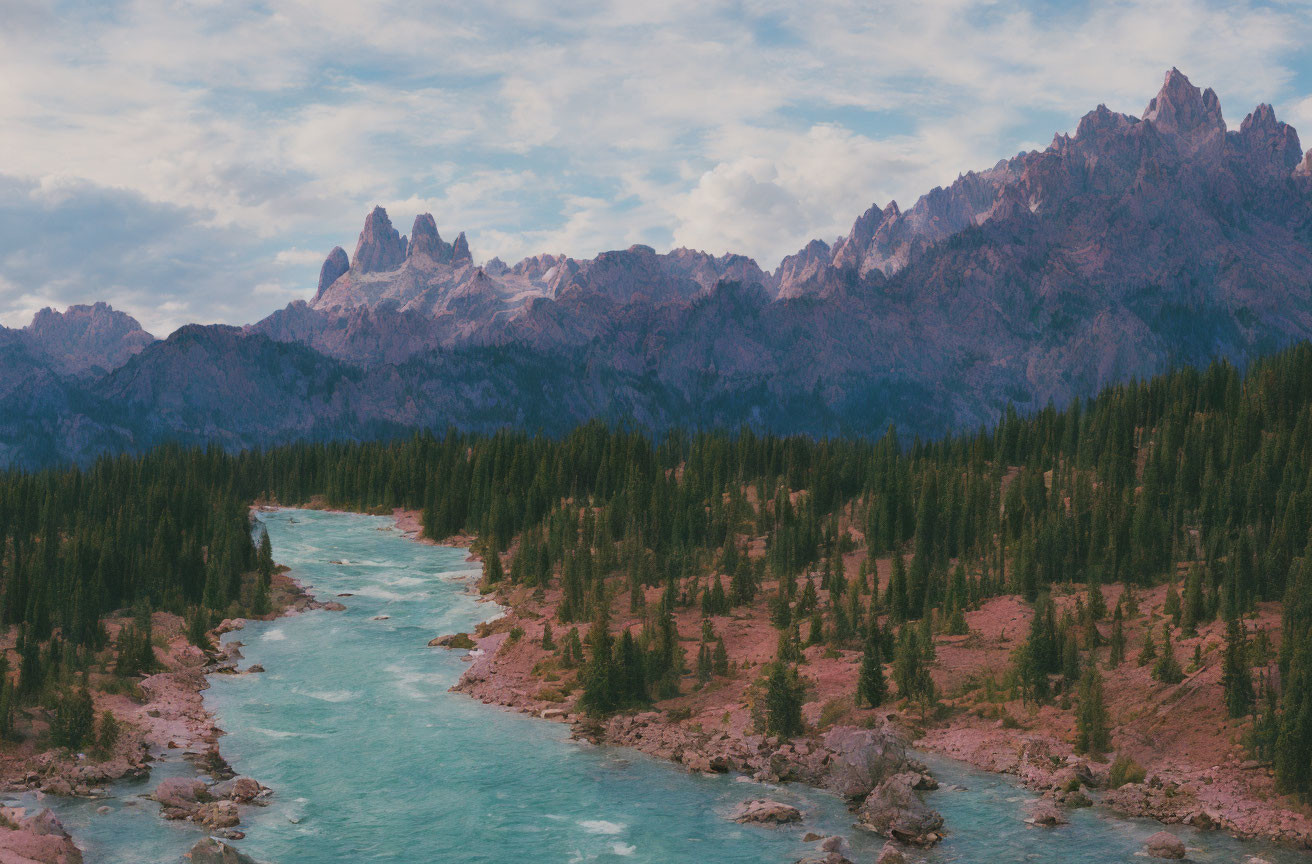 Turquoise River in Pine Forest with Mountain Peaks under Pink Sky