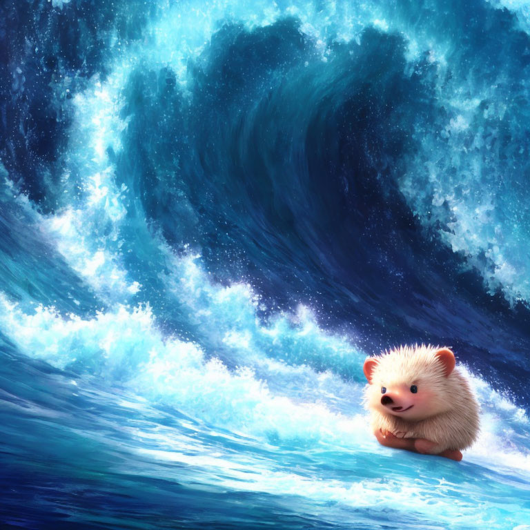 Animated hedgehog floating on back in starry ocean with colossal wave.