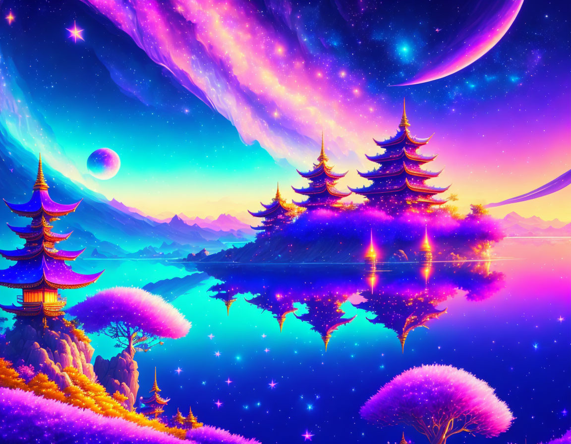 Fantasy landscape with purple pagodas, reflective water, stars, and celestial sky