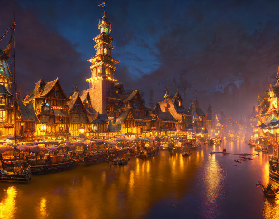 Medieval-style buildings and boats in golden-hued nocturnal riverside scene