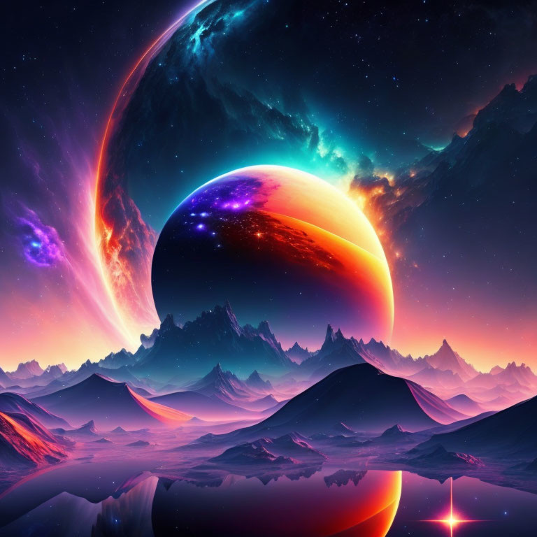 Vibrant sci-fi landscape with mountains and celestial bodies