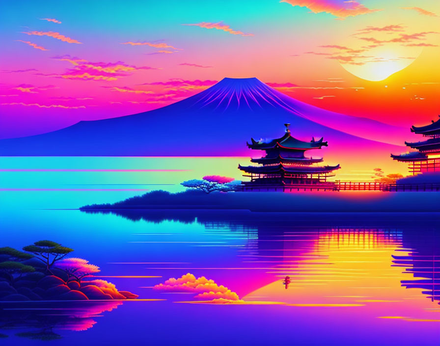 Digital artwork: Mount Fuji sunset with neon palette, pagodas, serene lake