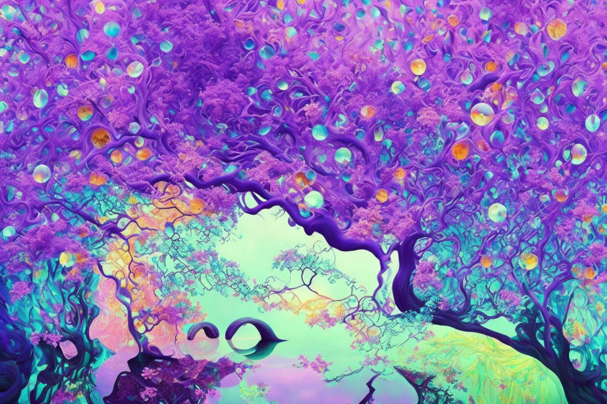 Psychedelic purple trees with colorful foliage on pastel backdrop