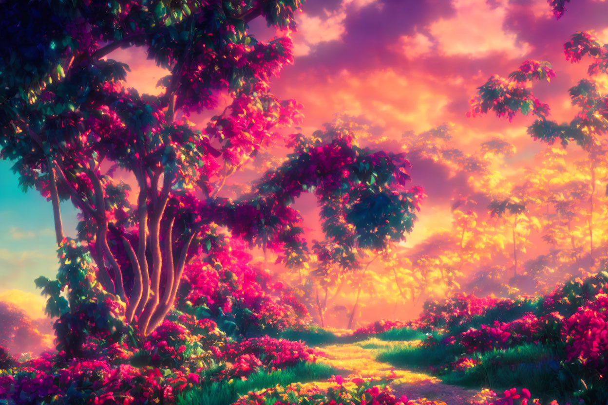 Lush trees and pink flowers under colorful sky