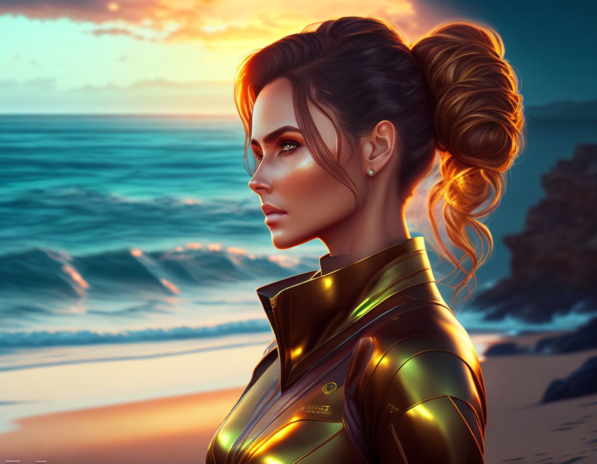 Woman with Bun in Futuristic Suit Against Ocean Sunset