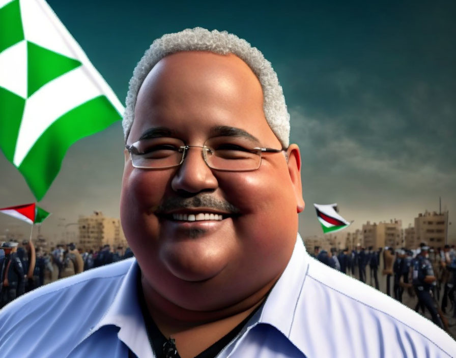 Smiling animated character with glasses in front of crowd and flags under cloudy sky
