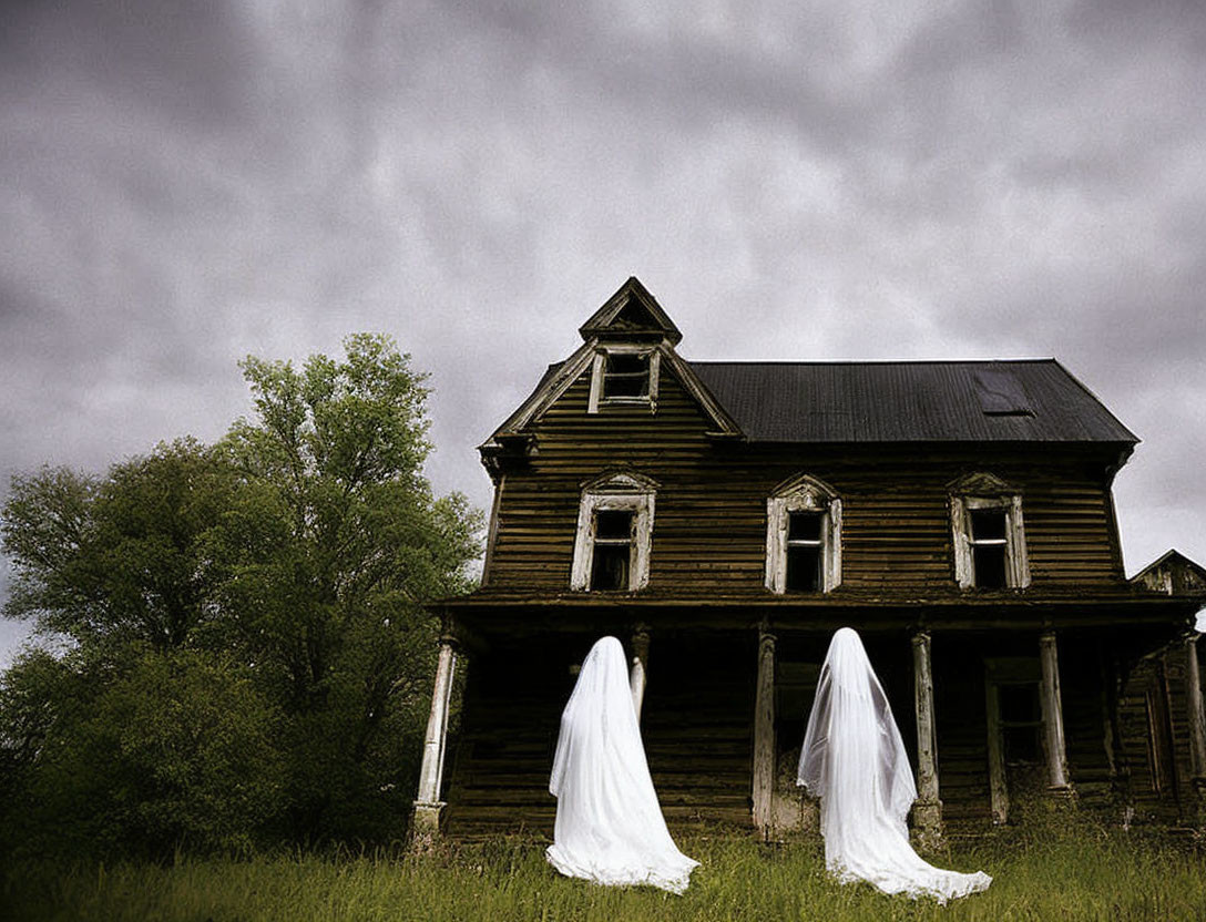 Two figures in white sheets by spooky old house under stormy sky