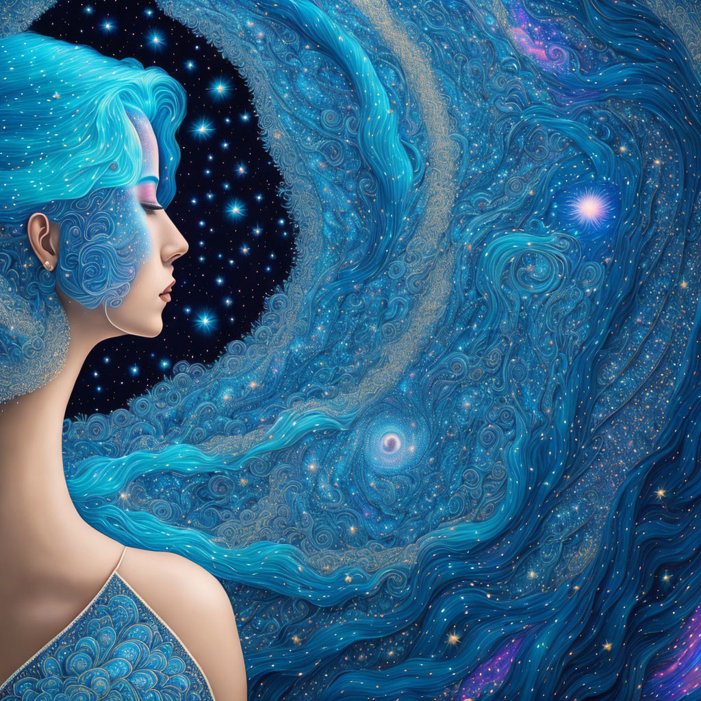 Woman with Blue Hair Merging into Starry Night Sky