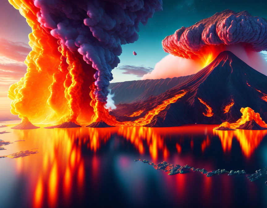 Volcanic eruption at sunset with lava flowing into reflective water