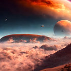 Alien landscape with futuristic spaceships and giant planets