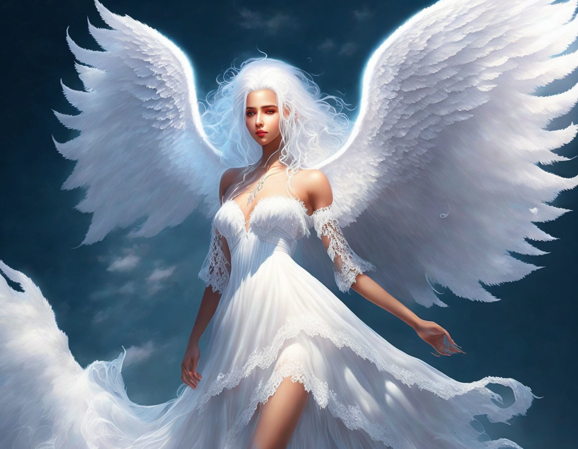 Ethereal figure with angelic wings in white gown under moody blue sky