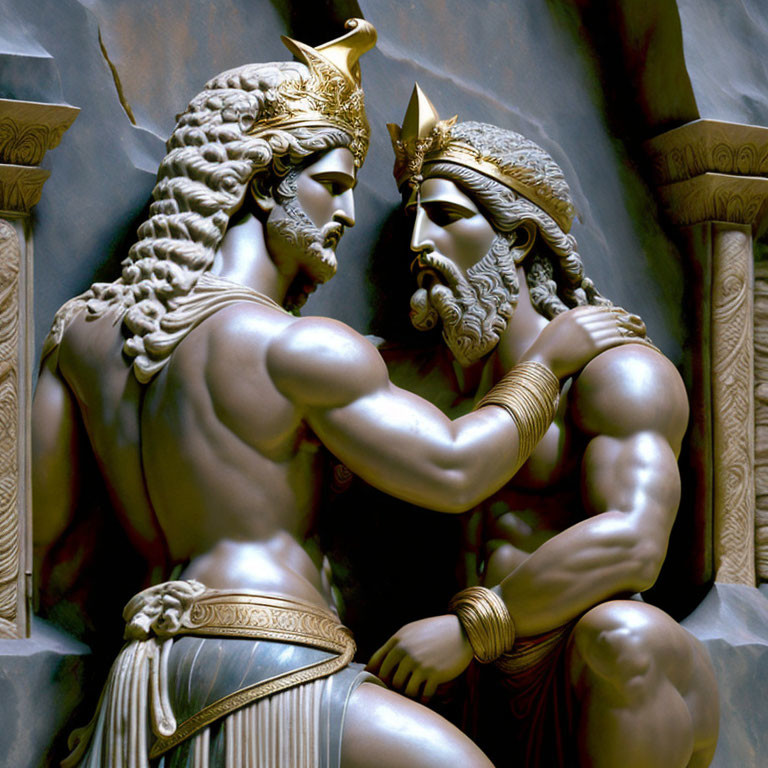 Sculpted figures in intense encounter with helmet and crown, muscular physiques