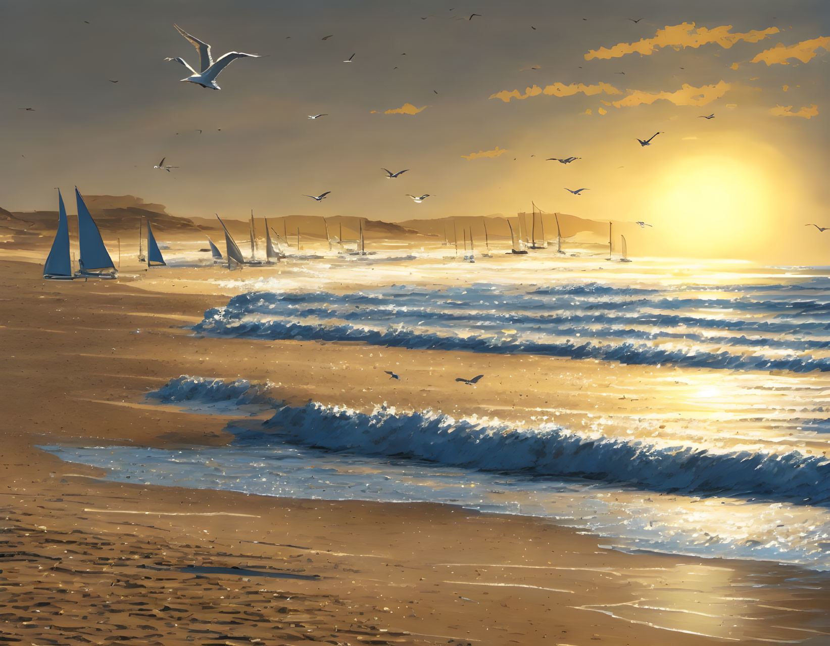 Scenic golden sunset beach with crashing waves and sailboats