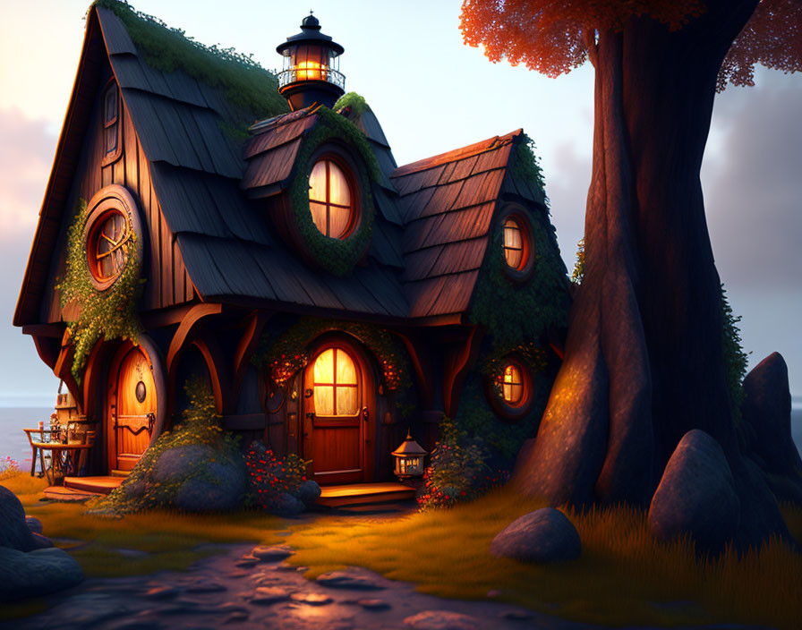 Fantasy cottage with lighthouse feature, tree, foliage, and warm lights at dusk