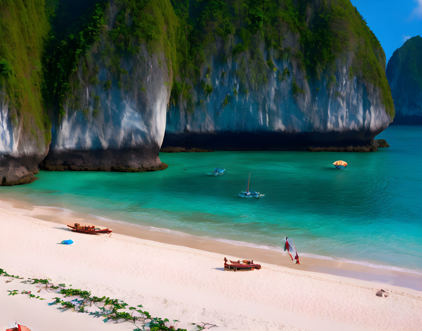 Turquoise waters beach with limestone cliffs and boats.