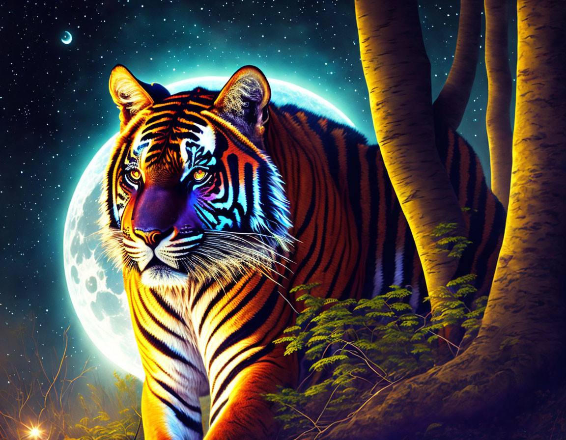 Neon tiger art in luminous night forest with full moon