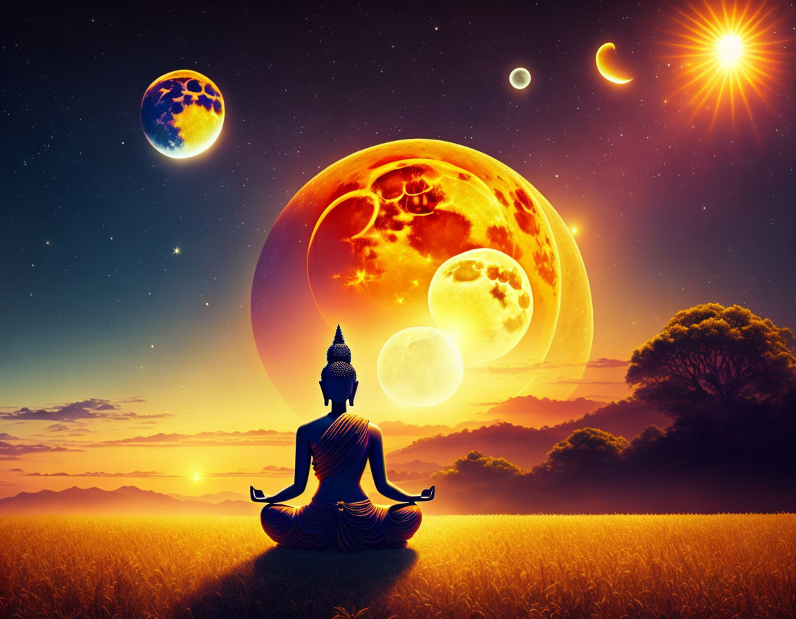 Meditating Buddha statue on grassy field at sunset with celestial skyline