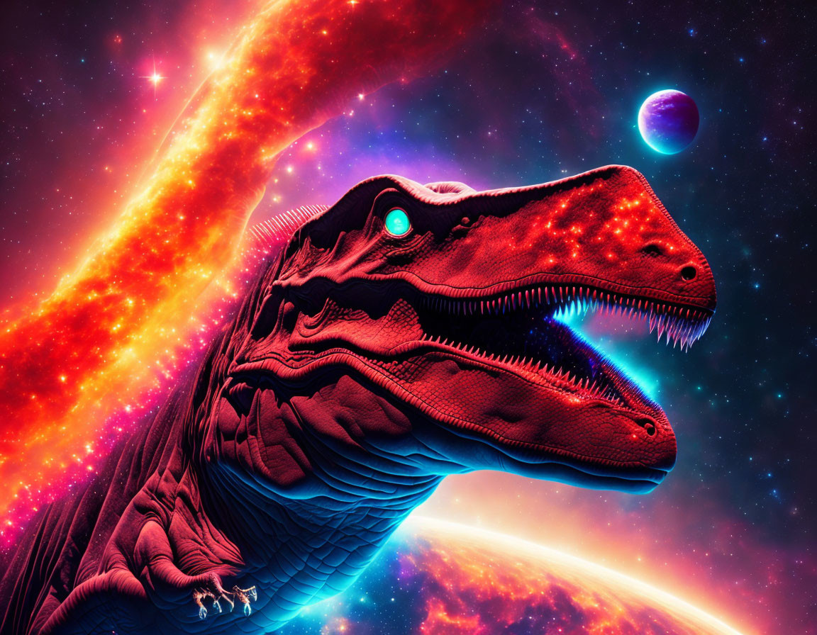 Colorful Tyrannosaurus Rex Head with Cosmic Background.