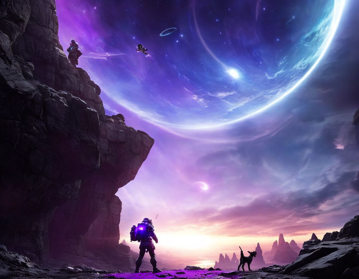 Astronaut on purple sky alien planet with ringed planet and creature silhouettes