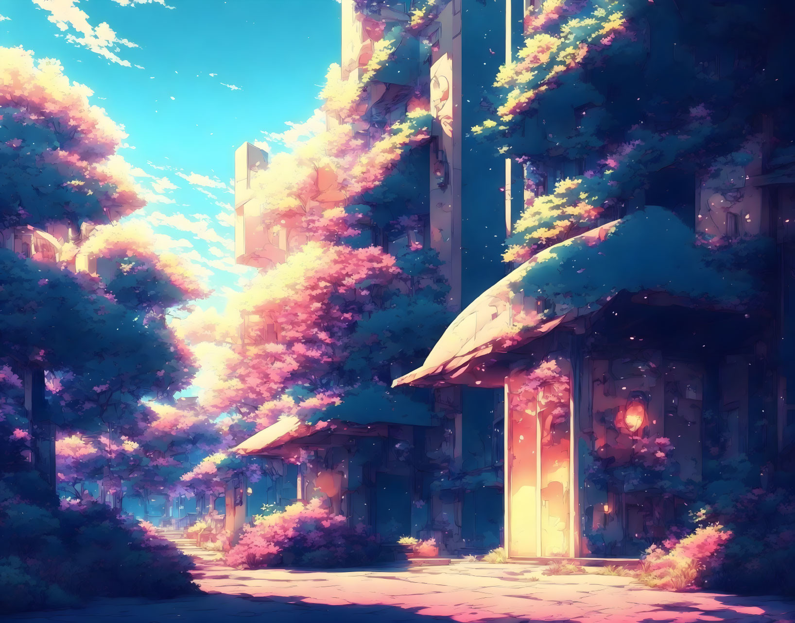 Anime-style serene street with pink flowering trees and glowing sky