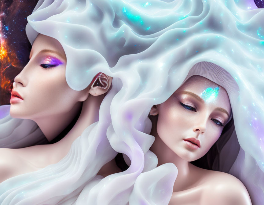 Ethereal beings with flowing hair in cosmic setting