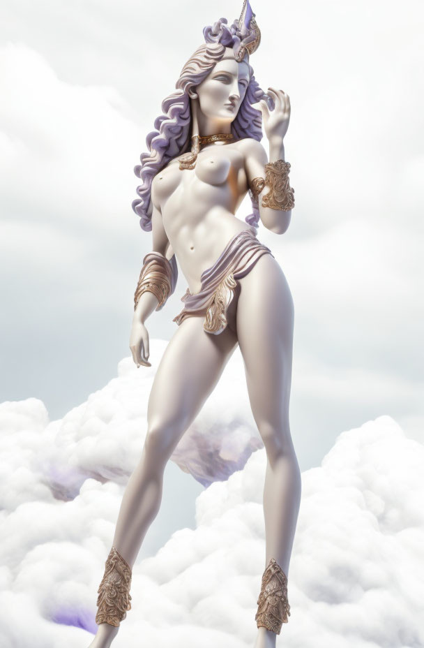 Mythical Female Figure Statue with Purple Hair and Golden Jewelry