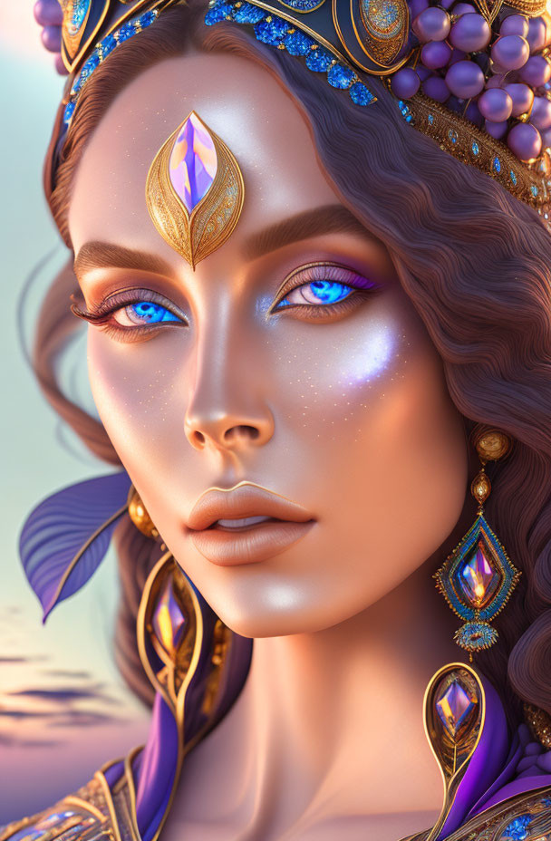 Digital portrait of a woman with sparkling blue eyes and intricate golden and purple jewelry in a serene pose against