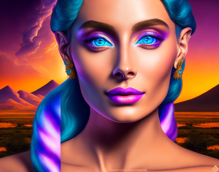 Vibrant digital portrait: woman with blue hair, eyes, purple skin, colorful sunset backdrop.