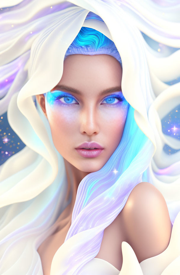 Digital Artwork: Female Figure with Blue Eyes and Hair in Cosmic Setting