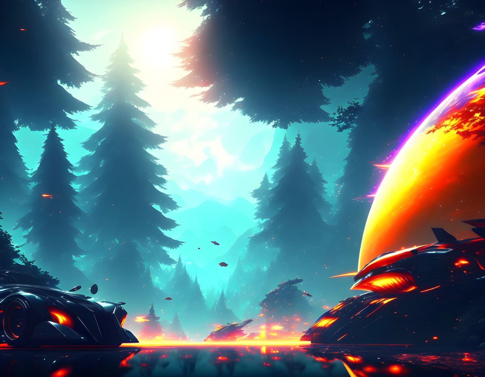 Futuristic sci-fi landscape with towering trees, meteor, cars, and reflective surface