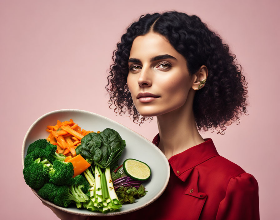 Woman in red blouse with mixed vegetables on pink background