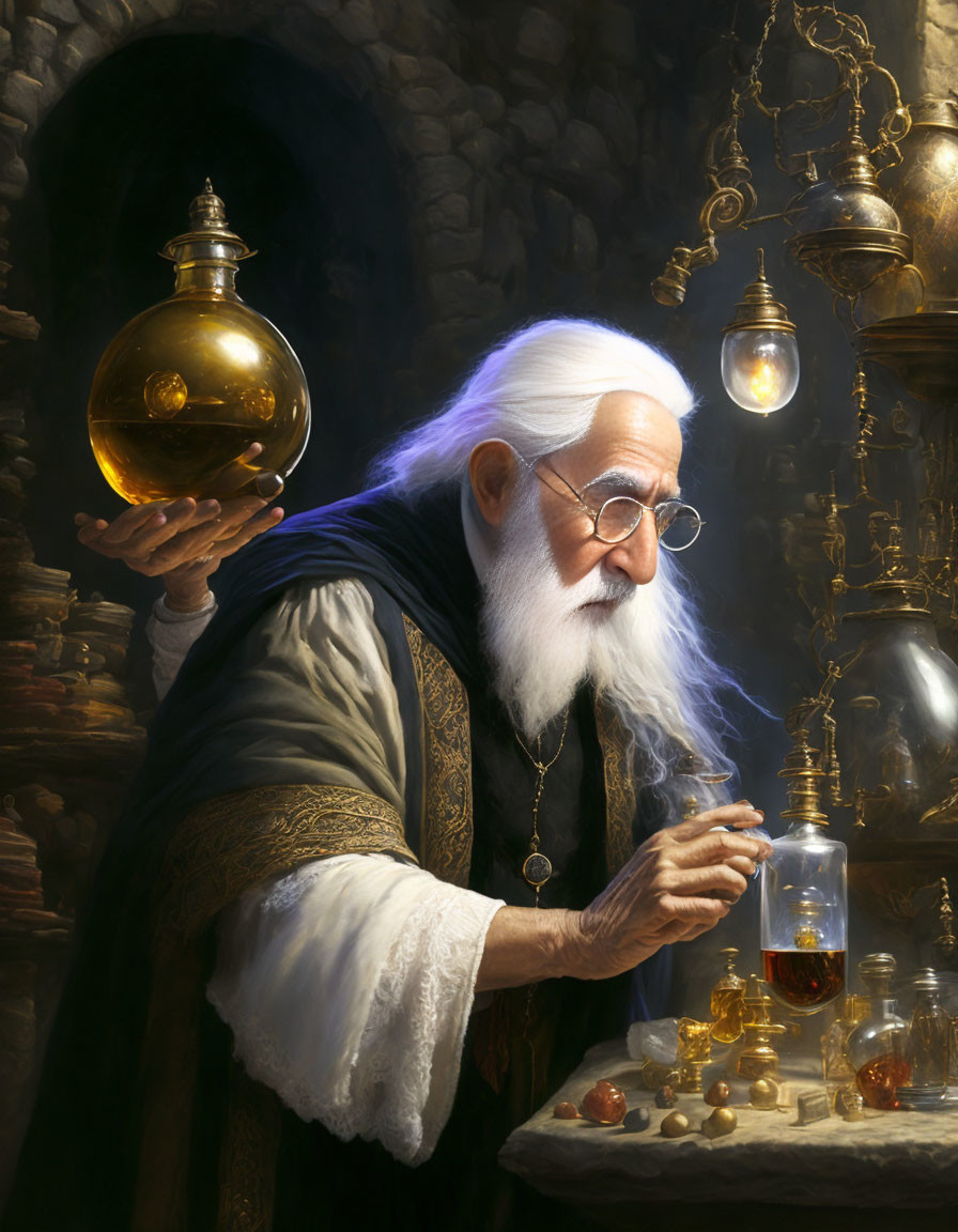 Elderly wizard with white beard in alchemical lab with potion and golden orb