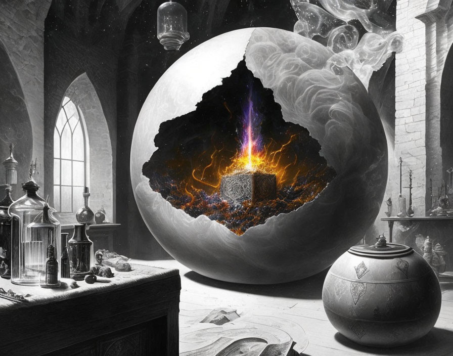 Surreal image: Large fiery orb with lightning in alchemist's lab