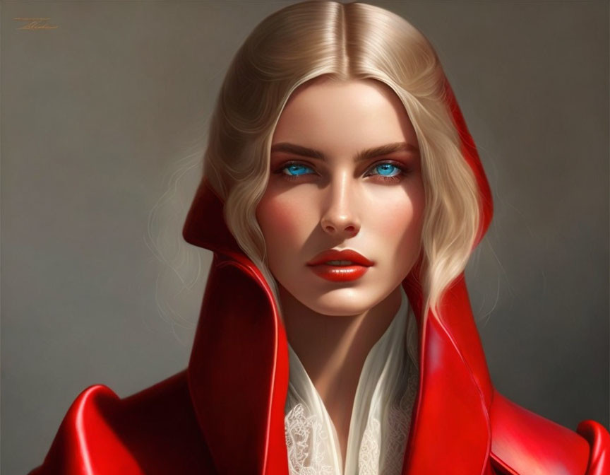 Portrait of woman with blue eyes, platinum hair, red cloak, lace collar