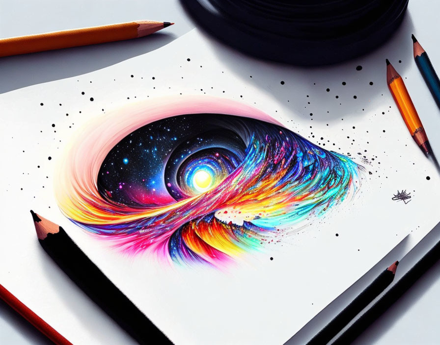 Colorful cosmic scene illustration with swirling colors on paper and colored pencils.