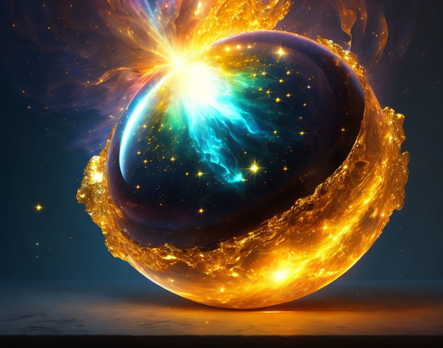 Colorful sphere in flames on dark blue background