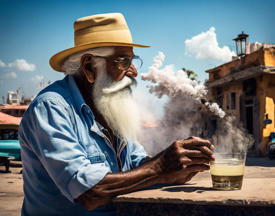 Elderly man with white beard and hat smoking cigar outdoors