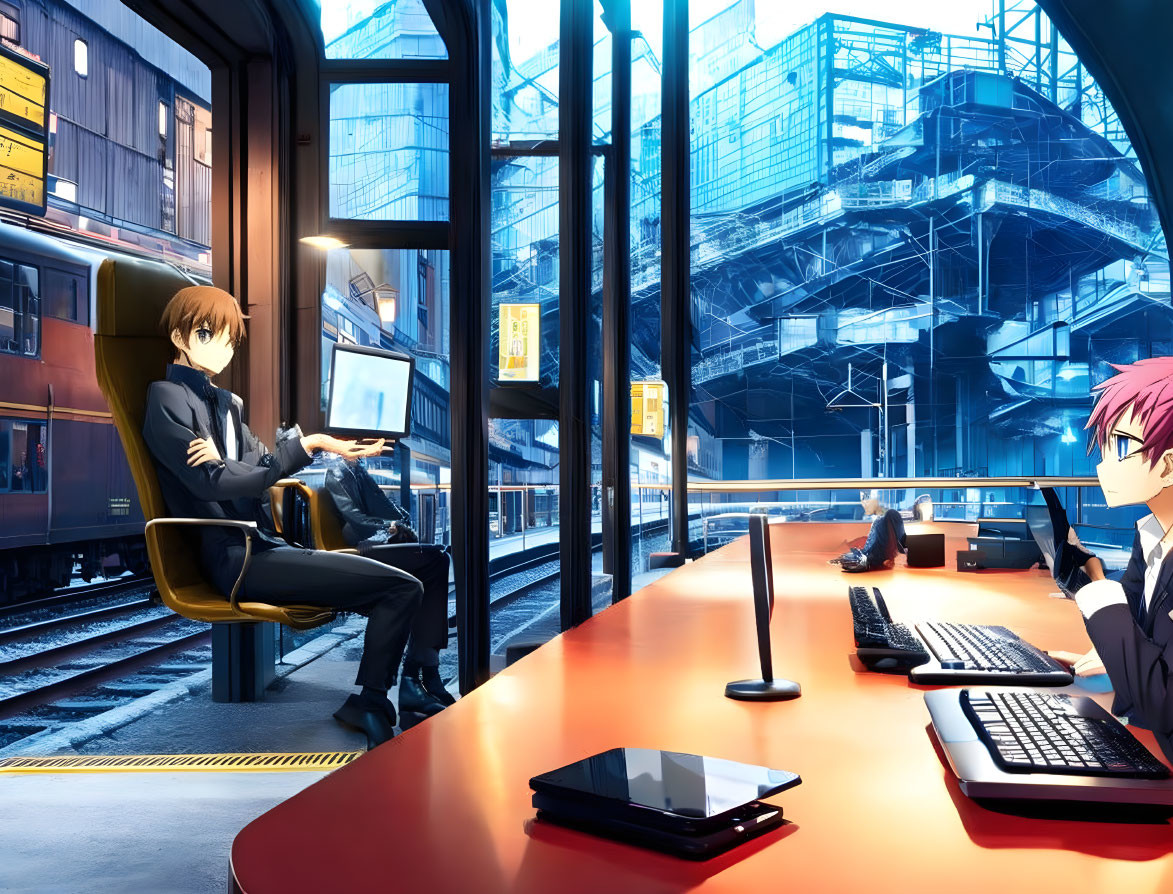 Illustration: Two people in futuristic office at train station