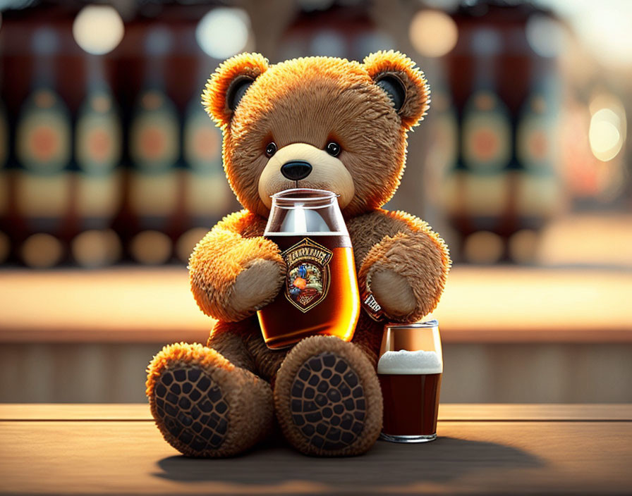 Plush teddy bear with beer pint at bar counter