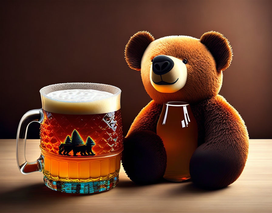 Plush teddy bear with beer mug on wooden surface