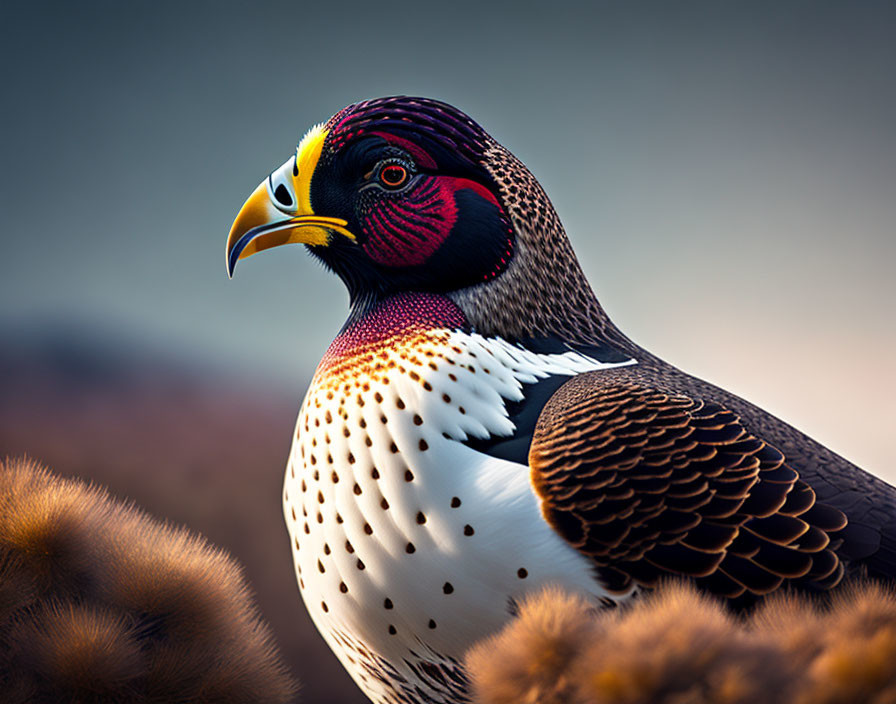 Colorful pheasant with vibrant feathers and yellow beak