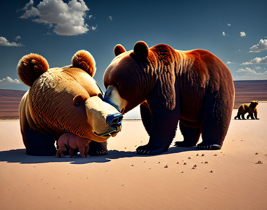 Detailed figurine bears touching noses in desert landscape