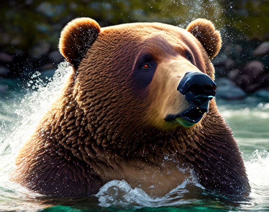 Wet bear emerges from water with sunlight highlights