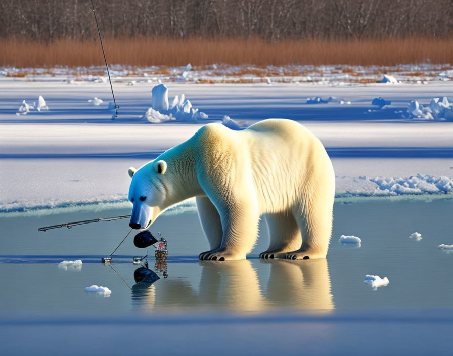 Curious polar bear on frozen lake with fishing rod, ice, and snow.