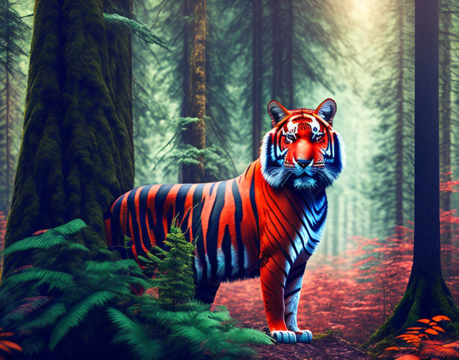 Colorful Tiger in Misty Forest with Sunlight Filtering Through Trees