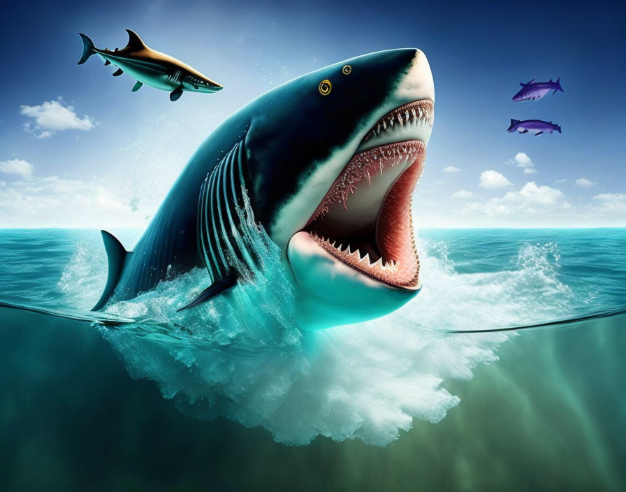 Gigantic shark leaping from ocean with fish and blue skies