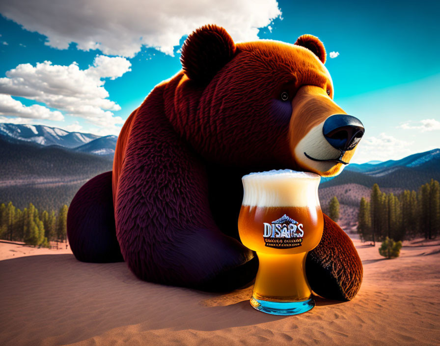 Cartoon-style bear with beer glass in scenic backdrop