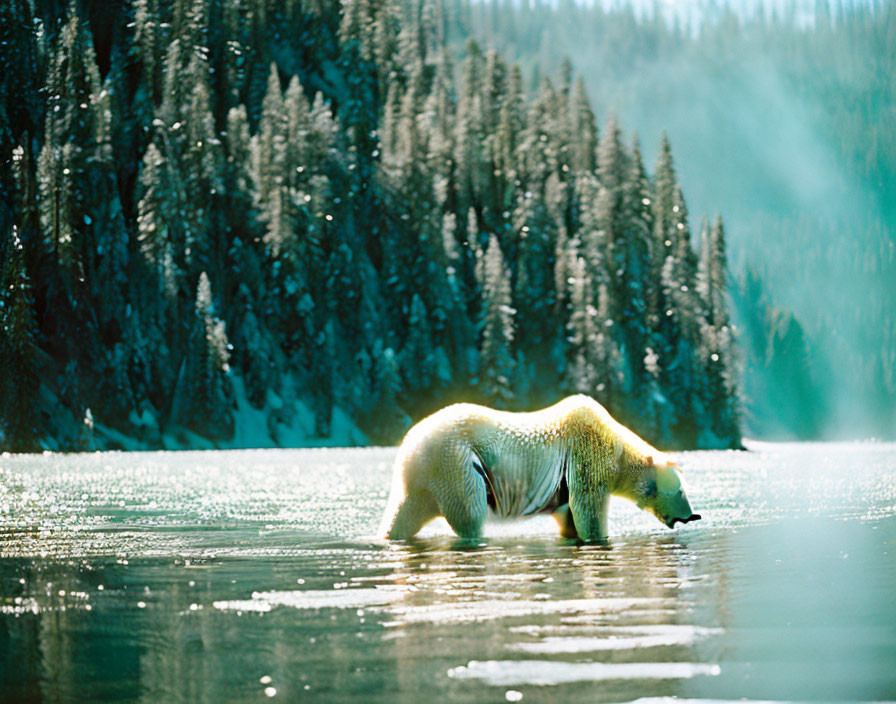 Polar Bear Swimming in Misty Waters with Snow-Covered Forest