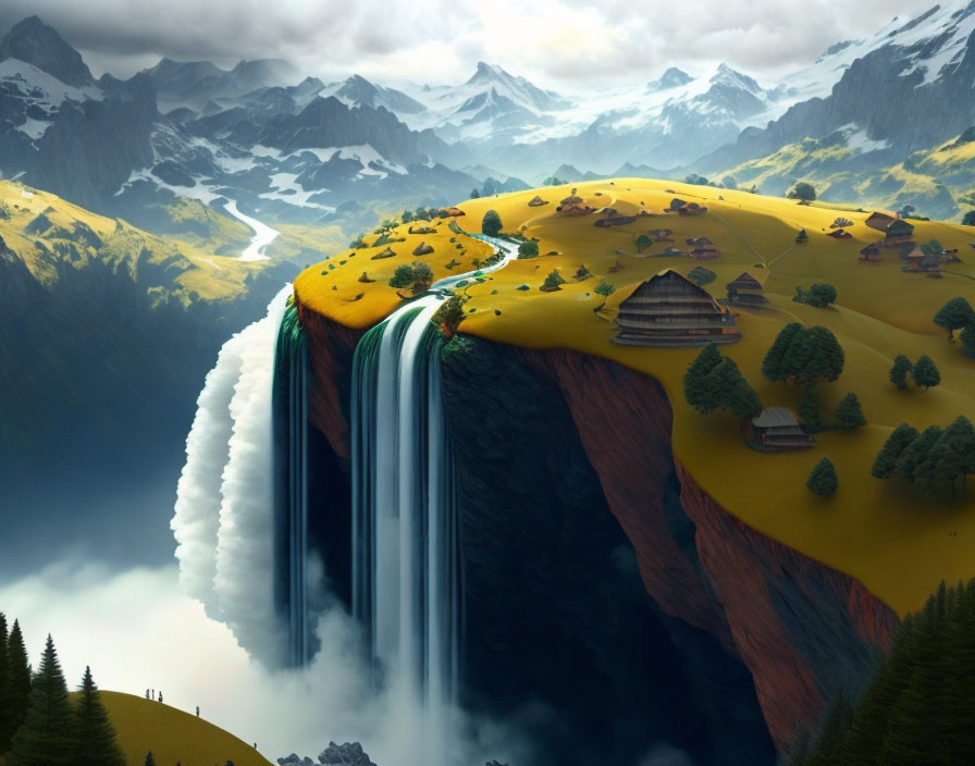 Surreal flat mountaintop with houses and waterfalls